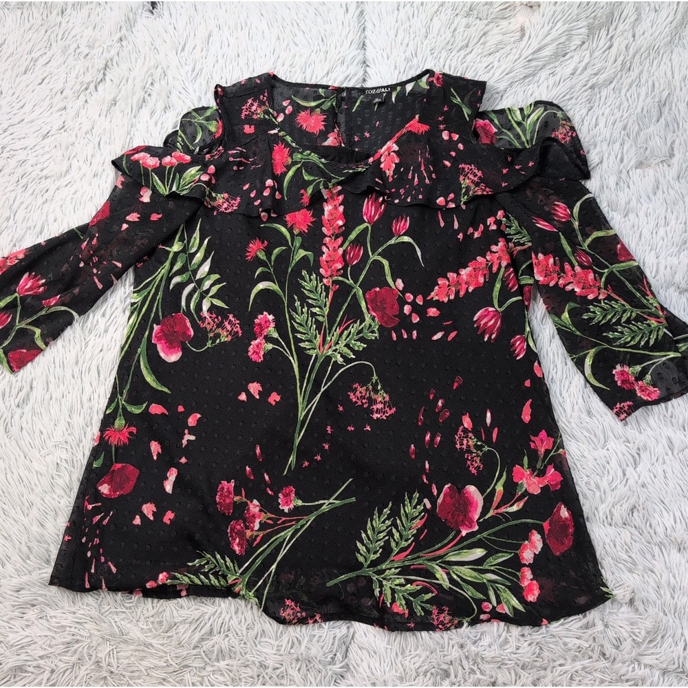 Roz & Ali Shirt Womens XL Black Blouse Floral Comfort Casual Cold Shoulder